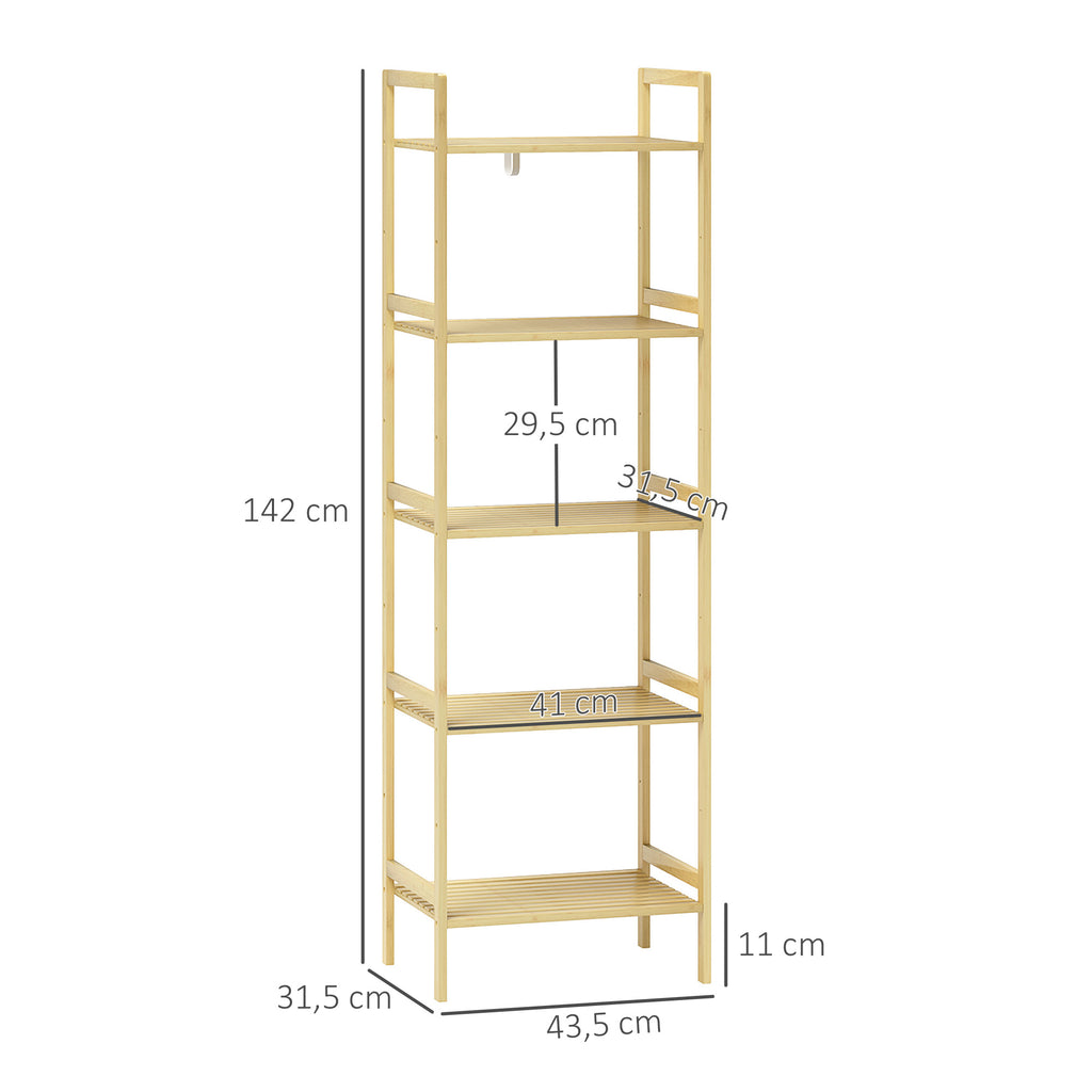  5-Tier Bamboo Bathroom Storage Shelf, Freestanding Shelving Unit with Adjustable Rack for Kitchen Bathroom Living Room, Natural Wood Finish