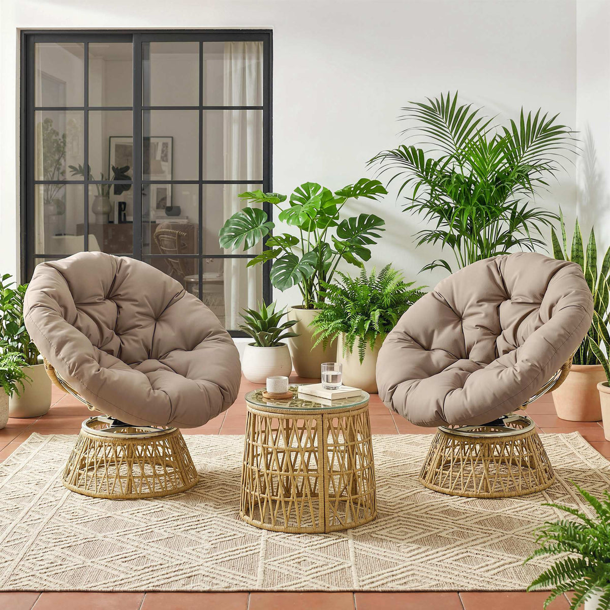 Bistro-Set Balkon-Set Terrassenset, wetterbeständig, abnehmbare Polster, 85 cm x 70 cm x 82 cm, Natur +Hellbraun