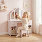 Kids Dressing Table, Kids Vanity Table and Chair Set with Tri-Folding Mirror, 2 Drawers, 2 Cabinets for Girls 3+, Pink