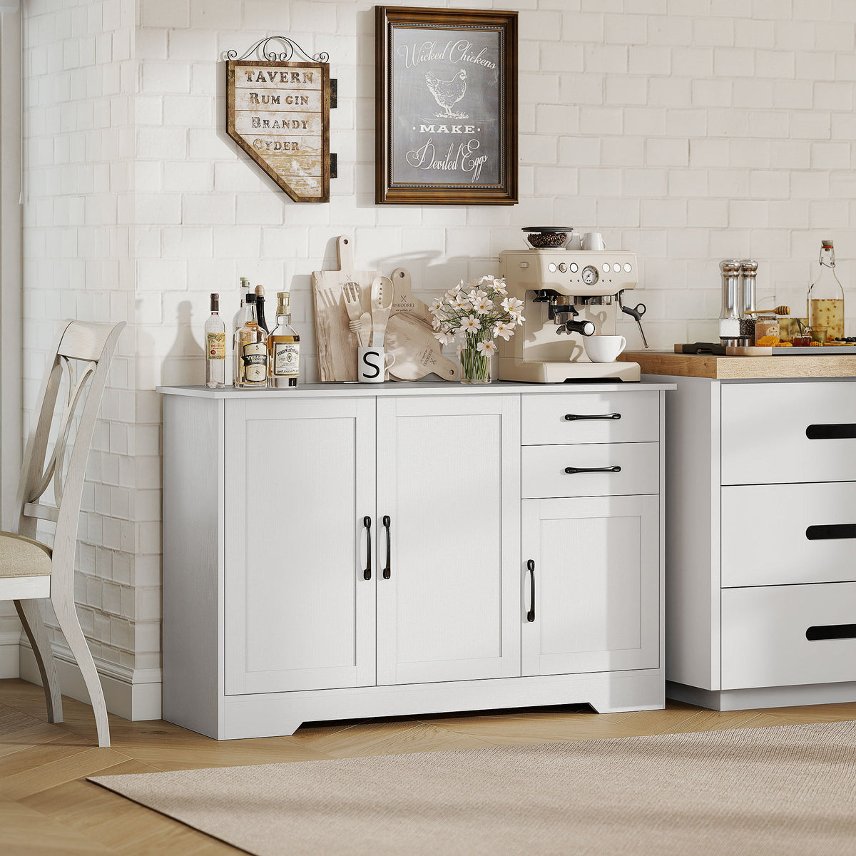 Sideboard Küchenschrank mit Soft-Close-Türen, 2 Schubladen, Weiß