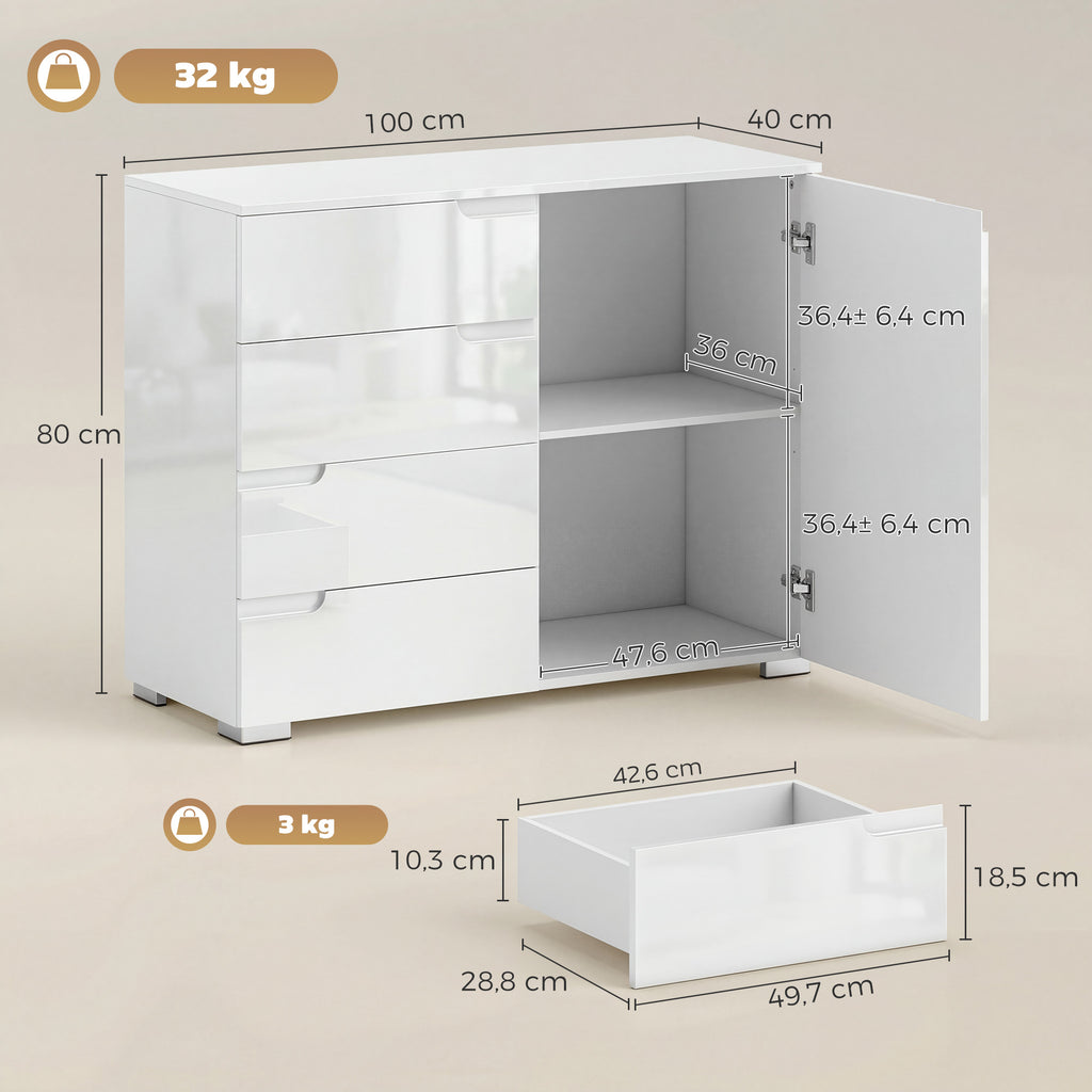 Kommode mit 4 Schubladen Sideboard mit 1 Tür, Verstellbarem Einlegeboden, für Wohnzimmer, Schlafzimmer 100 x 40 x 80 cm