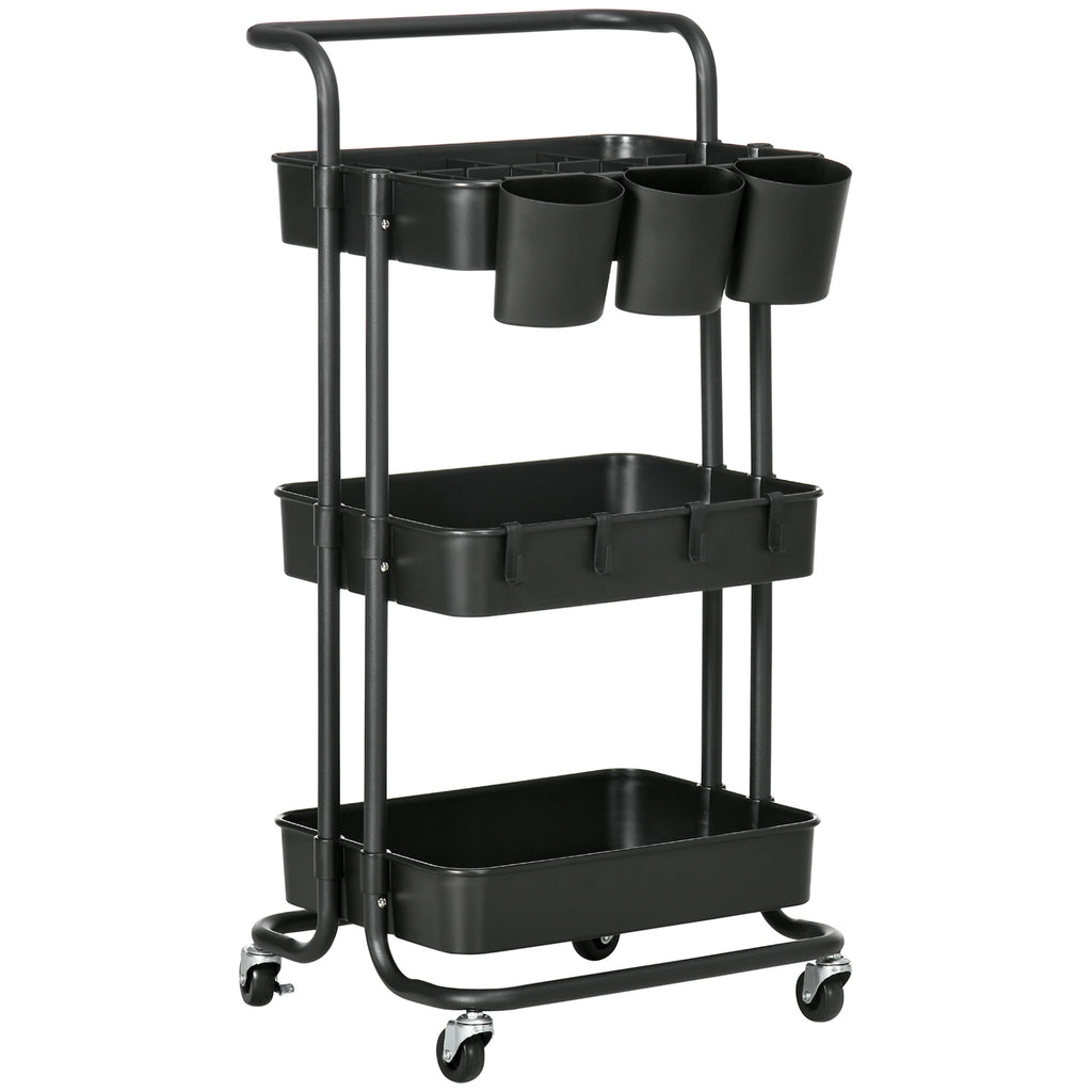 Three-Tier Home Trolley, with Handle and Wheels - Black