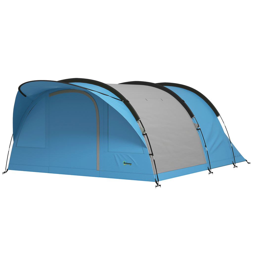 4 Person Easy Setup Family Camping Tent with 2 Rooms, Waterproof Tunnel Tent w/ Sewn In Groundsheet, Sky Blue & Grey