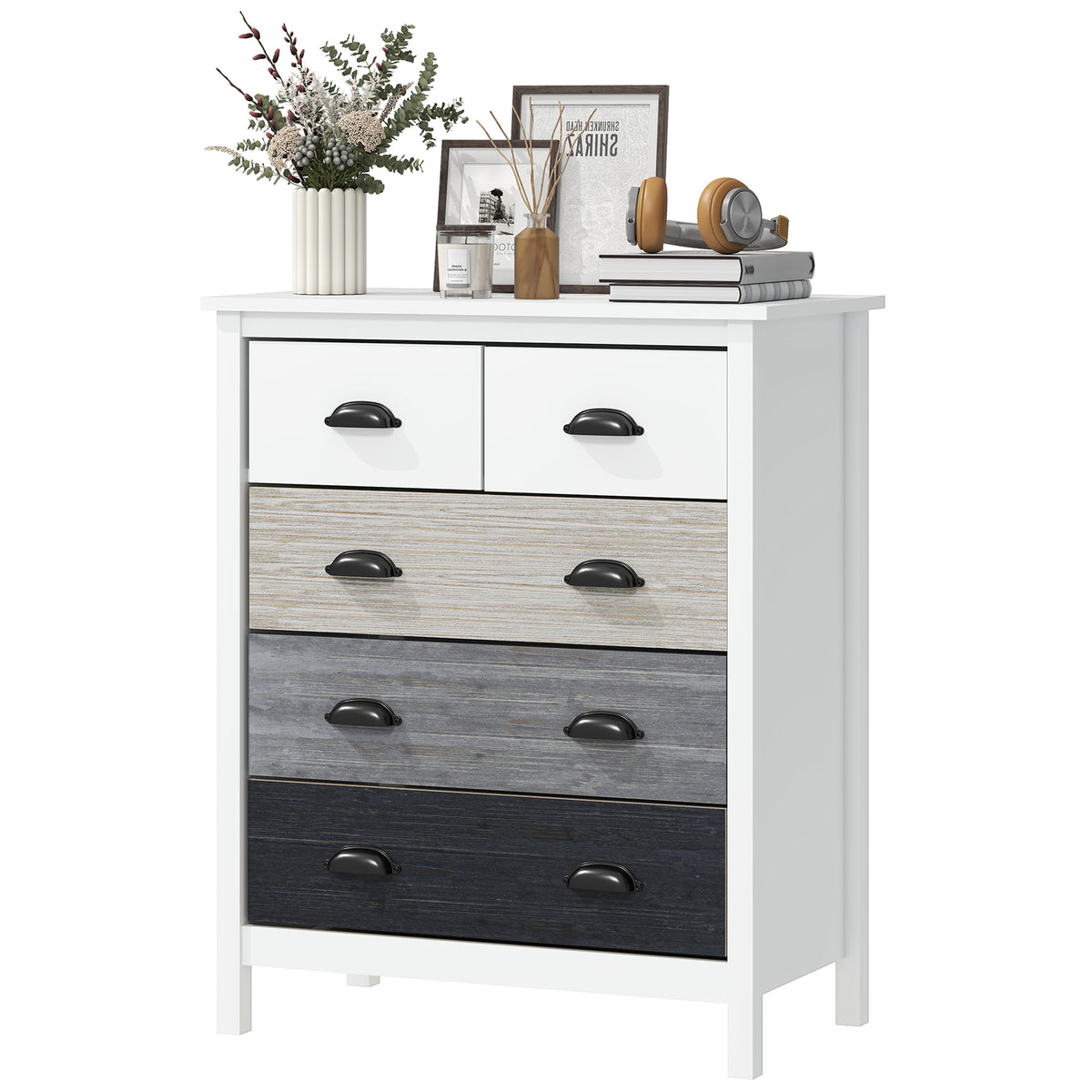 Sideboard, Kommode, 5 Schubladen, lackierte Oberfl?che, MDF & Kiefernholz, 70 x 38 x 85 cm, Wei?
