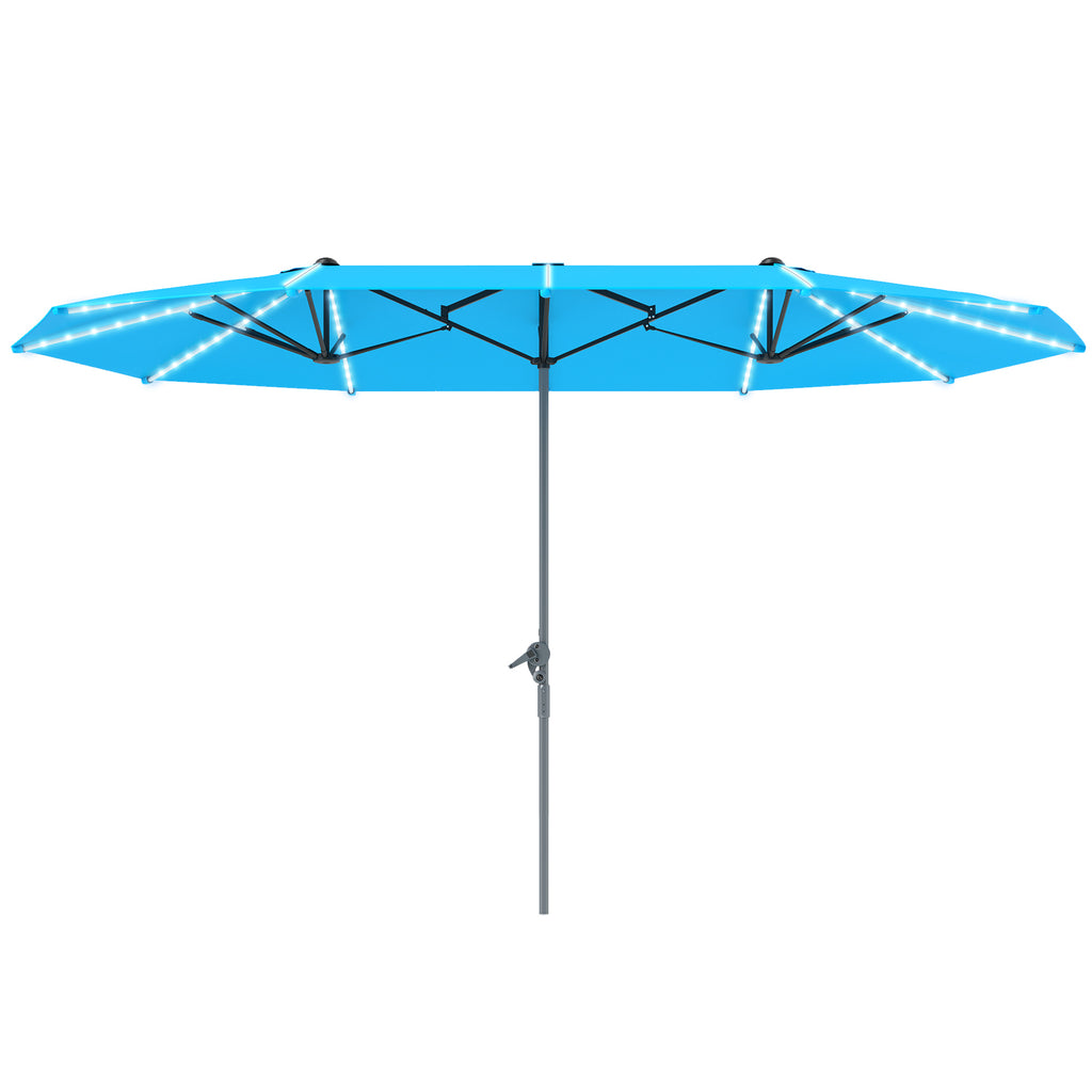 Doppelschirm mit Solar-Lichtern, Aluminium, Polyester, UPF50+ Schutz, UV-best?ndig, Terrassenschirm, Blau