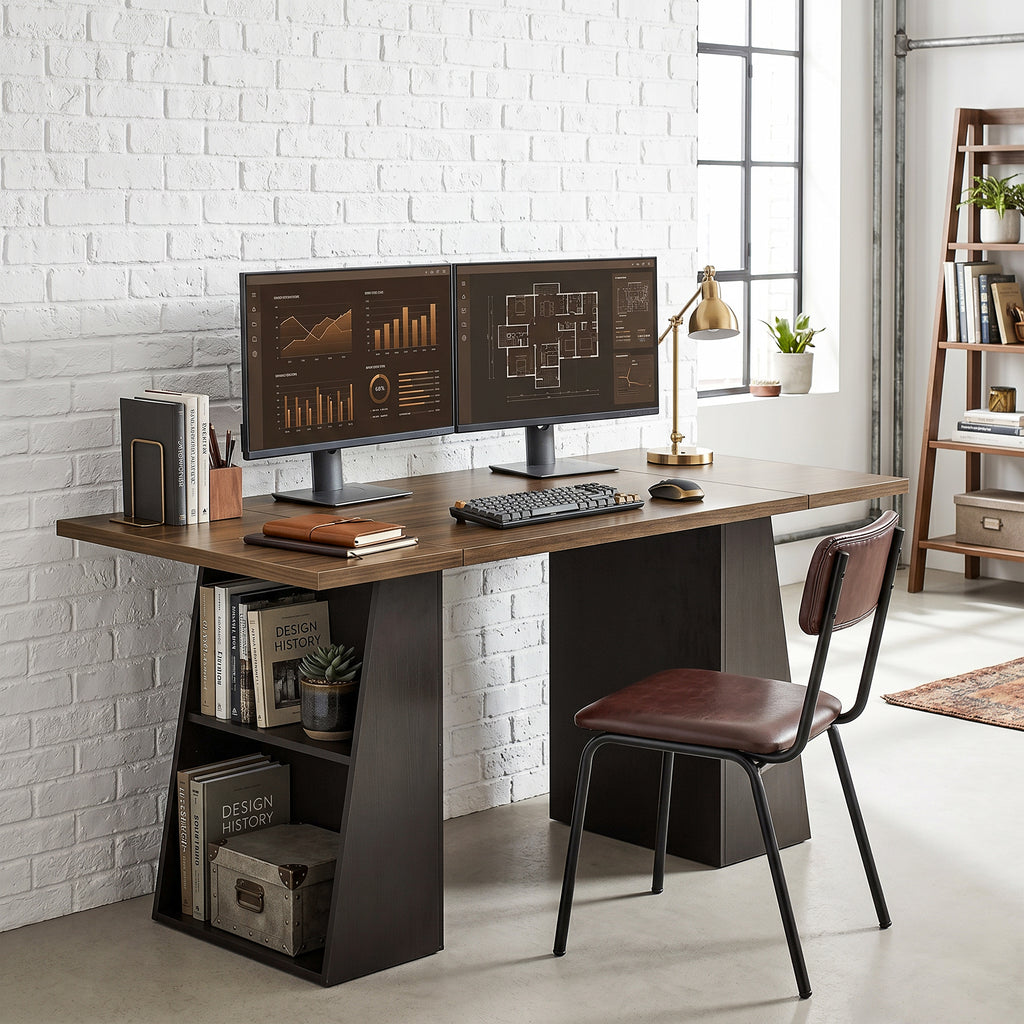 Schreibtisch mit 4 offenen Ablagen, Industrial Design, 140 cm, Braun-Schwarz