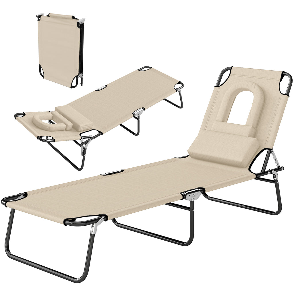 Sonnenliege mit Gesichtsloch & Kissen, klappbar, wasserabweisender Bezug, Metallrahmen, Beige