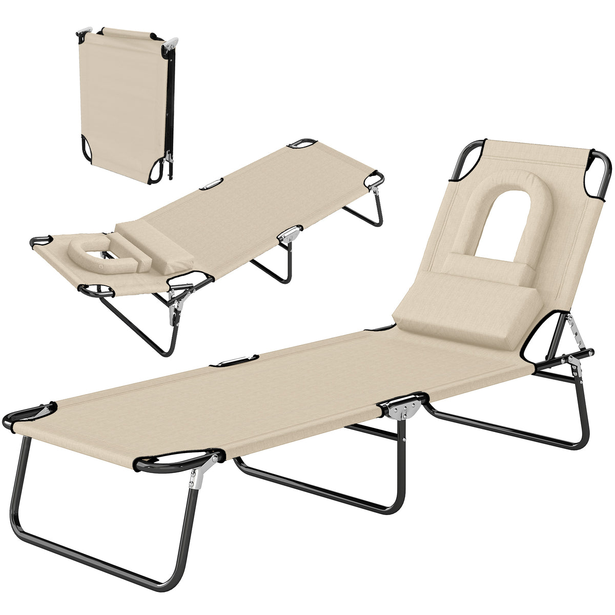 Sonnenliege mit Gesichtsloch & Kissen, klappbar, wasserabweisender Bezug, Metallrahmen, Beige