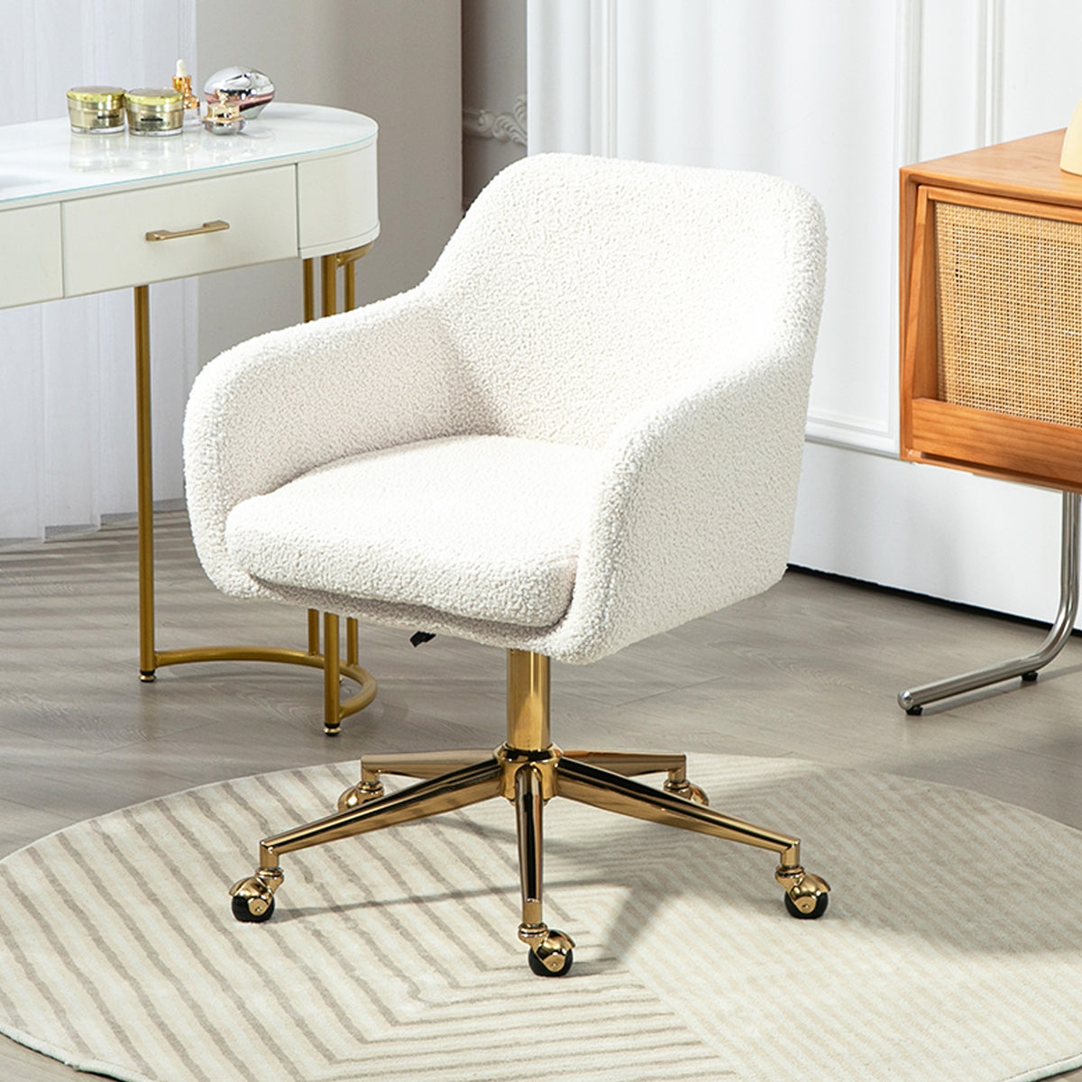 Homeoffice-Stuhl, h?henverstellbarer B¨¹rostuhl mit Rollen, Samtartiger Bezug, Metallbasis, Cremewei?