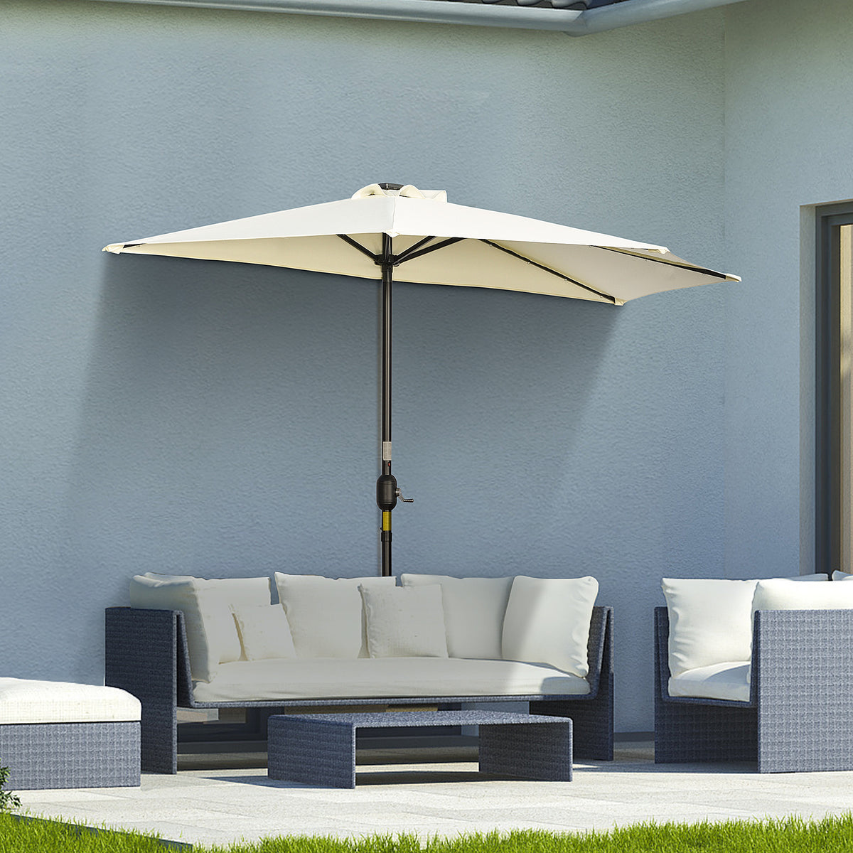 Sonnenschirm, Terrassenschirm, halbrund, mit Solarpaneel, 20 LEDs, Handkurbel, beige, 2,70 x 1,35 x 2,40 m
