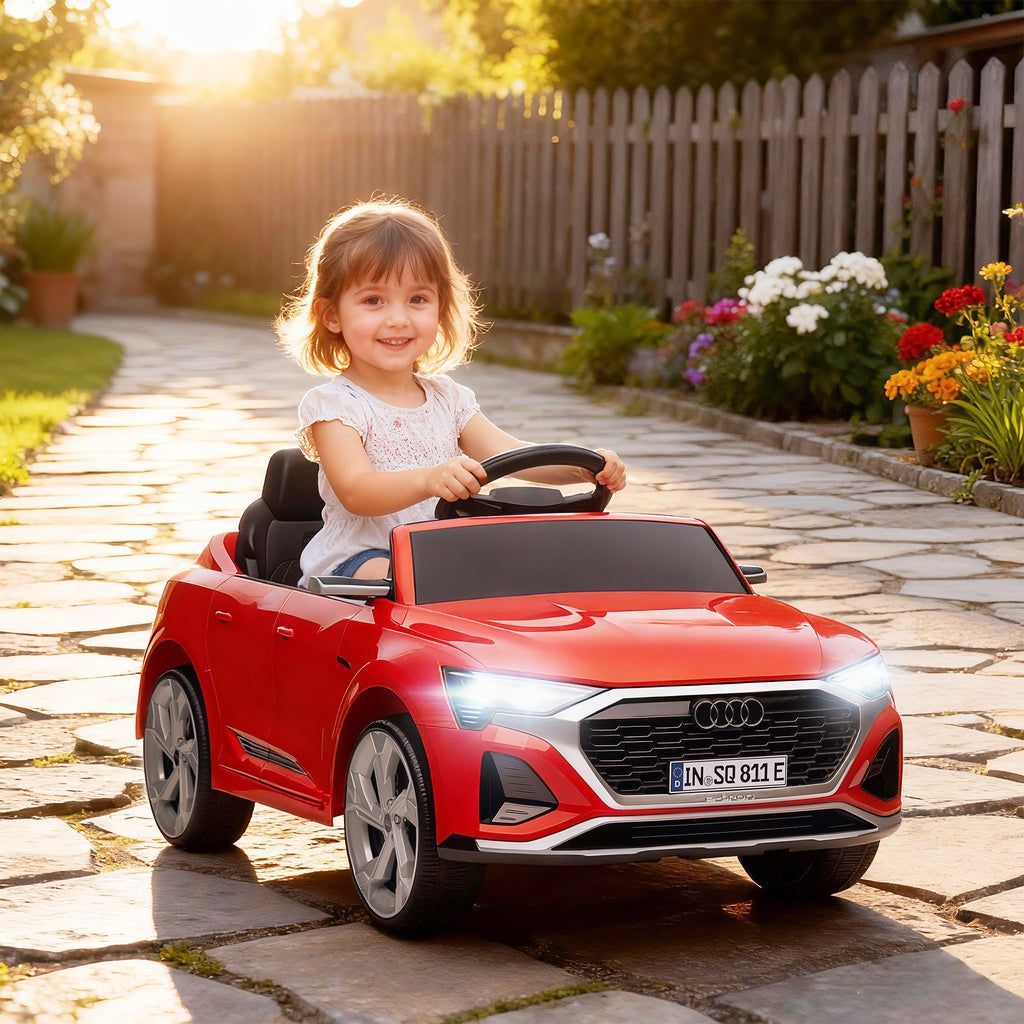 Elektro-Kinderauto, 12V Audi Q8, 3-5 km/h, Fernsteuerung, Scheinwerfer, Musik, Rot