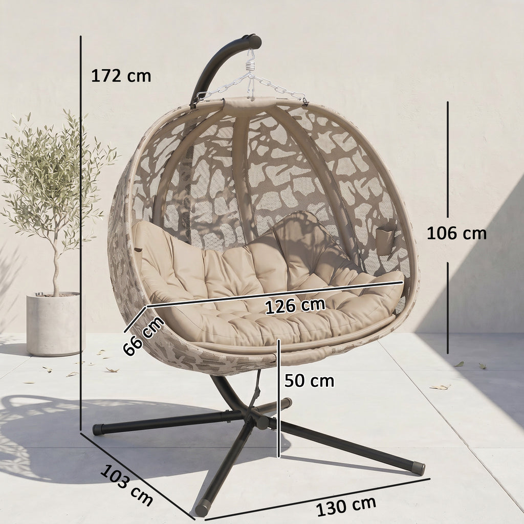 Hängesessel, für 2 Personen, klappbarer Sitzkorb, großes Sitzkissen, Sand, 130 x 103 x 172 cm