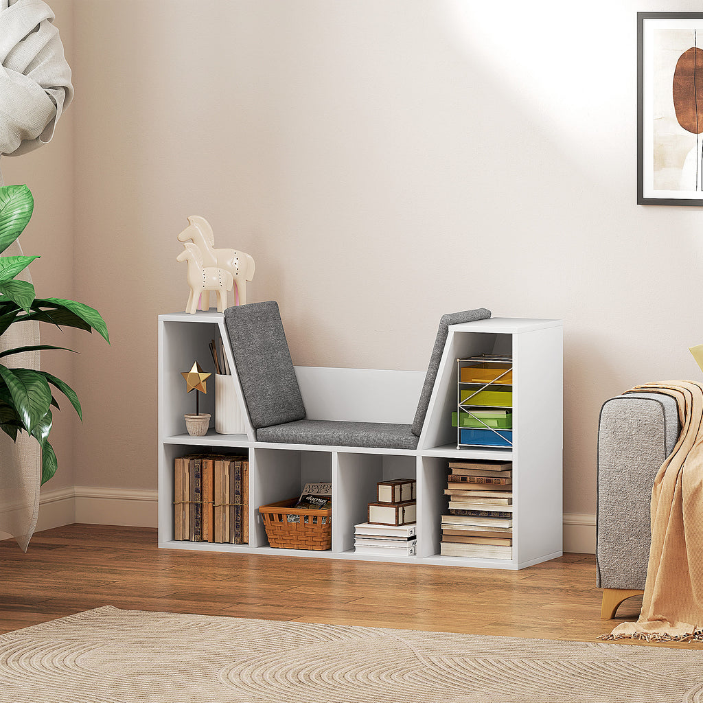Bücherregal mit Sitzfläche, 6 Fächer, gepolstert, 105 x 30 x 63 cm, Weiß