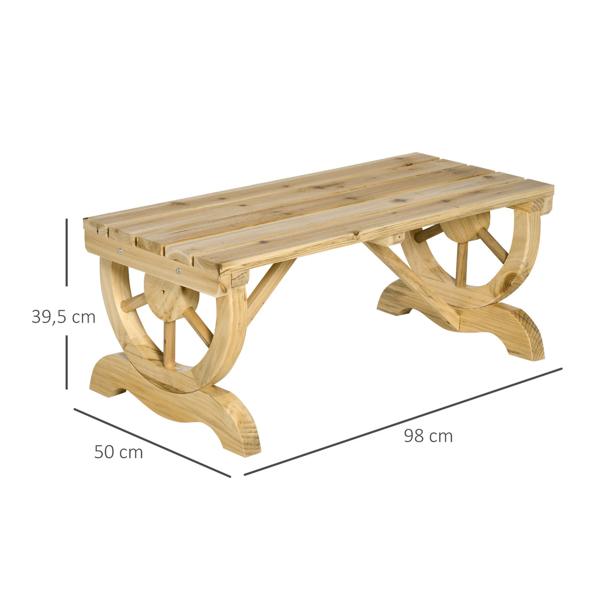 2-Person Garden Bench Rustic Wooden Outdoor Bench with Wheel-Shaped Legs Slatted Seat for Patio Natural Wood Effect