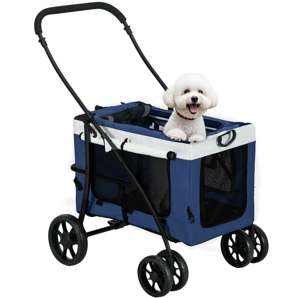 Hundbuggy Haustierbuggy Hundewagen, klappbar, abnehmbarer Korb, 81 x 58 x 97,5 cm, Schwarz + Blau + Weiß
