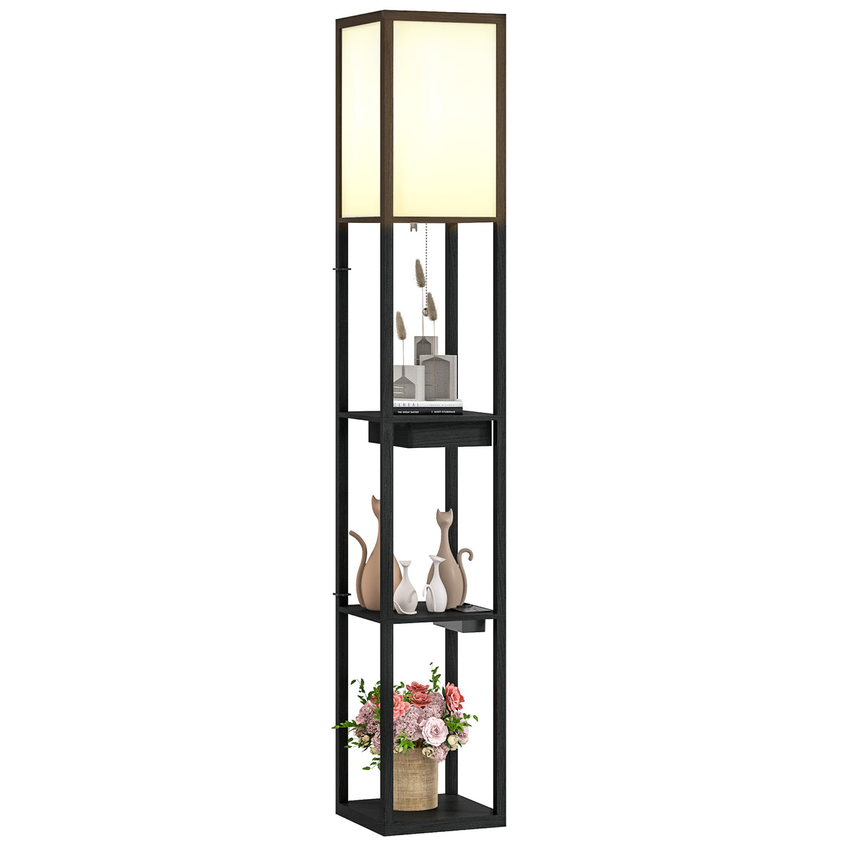 Stehlampe mit 3-stufigem Regal, Fußschalter, USB-Anschlüssen, MDF, Schwarz