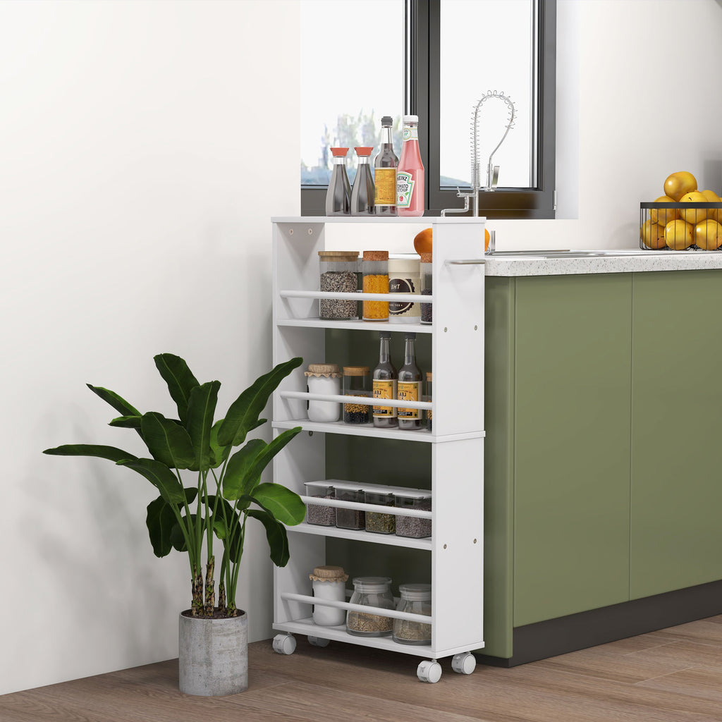 Multifunktionsregal mit Rollen, schmale Bauweise, 4 F?cher, 45x15x91 cm, Wei?