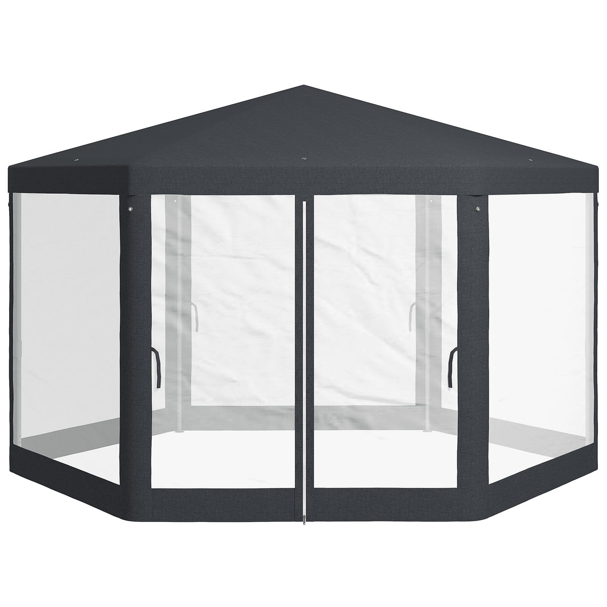 Gartenpavillon, 6-eckig, Netzvorhänge, Metallgestell, 3,94x3,412x2,5m, Dunkelgrau
