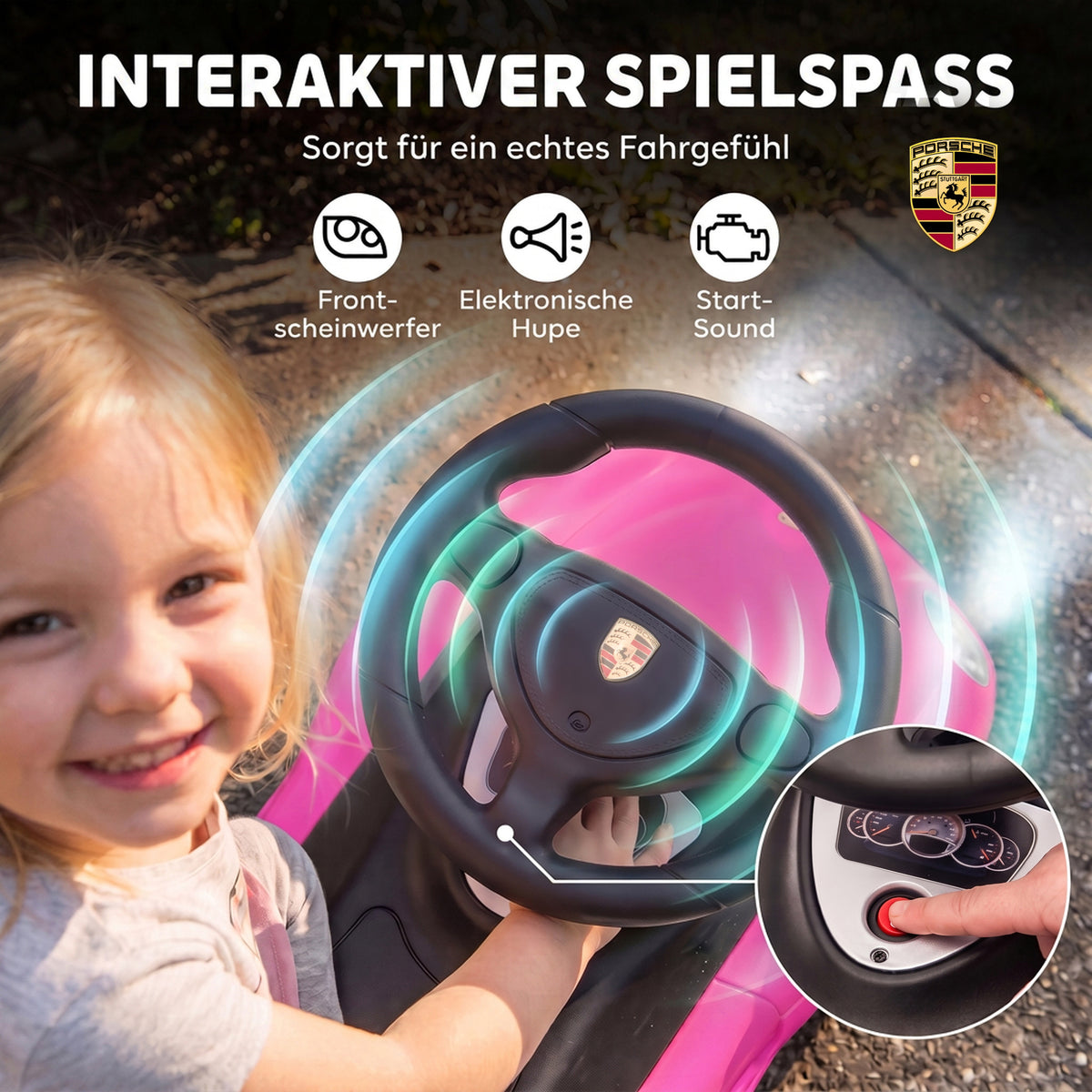 Ride on Car, Porsche Licensed Toddler Push Car with Horn, Headlights, Sound and Steering Wheel for 18-36 Months, Pink