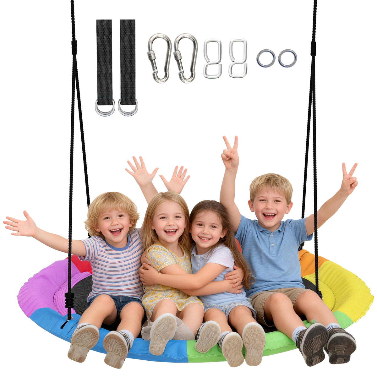 Tree Swing Seat, 120cm Kids Saucer Swing with Adjustable Ropes and Tree Straps, 300kg Capacity, Multicolour