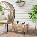 Polyrattan Gartentisch, 65 x 65 x 43 cm, wetterfest Beistelltisch quadrarisch mit Glasplatte Naturholz