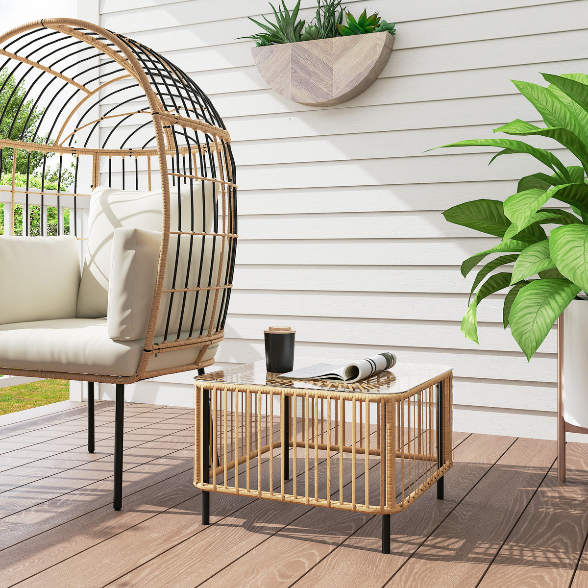 Polyrattan Gartentisch, 65 x 65 x 43 cm, wetterfest Beistelltisch quadrarisch mit Glasplatte Naturholz