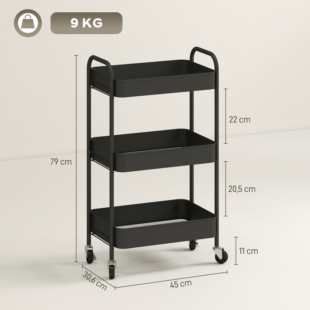 Three-Tier Steel Storage Trolley - Black