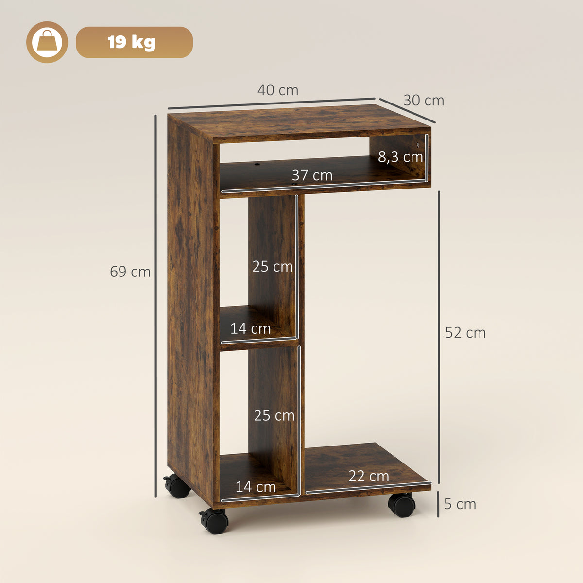 Beistelltisch, C-f?rmiger Servierwagen, 4 Rollen, 3 F?cher, 40 x 30 x 69 cm, Rustikal-Braun
