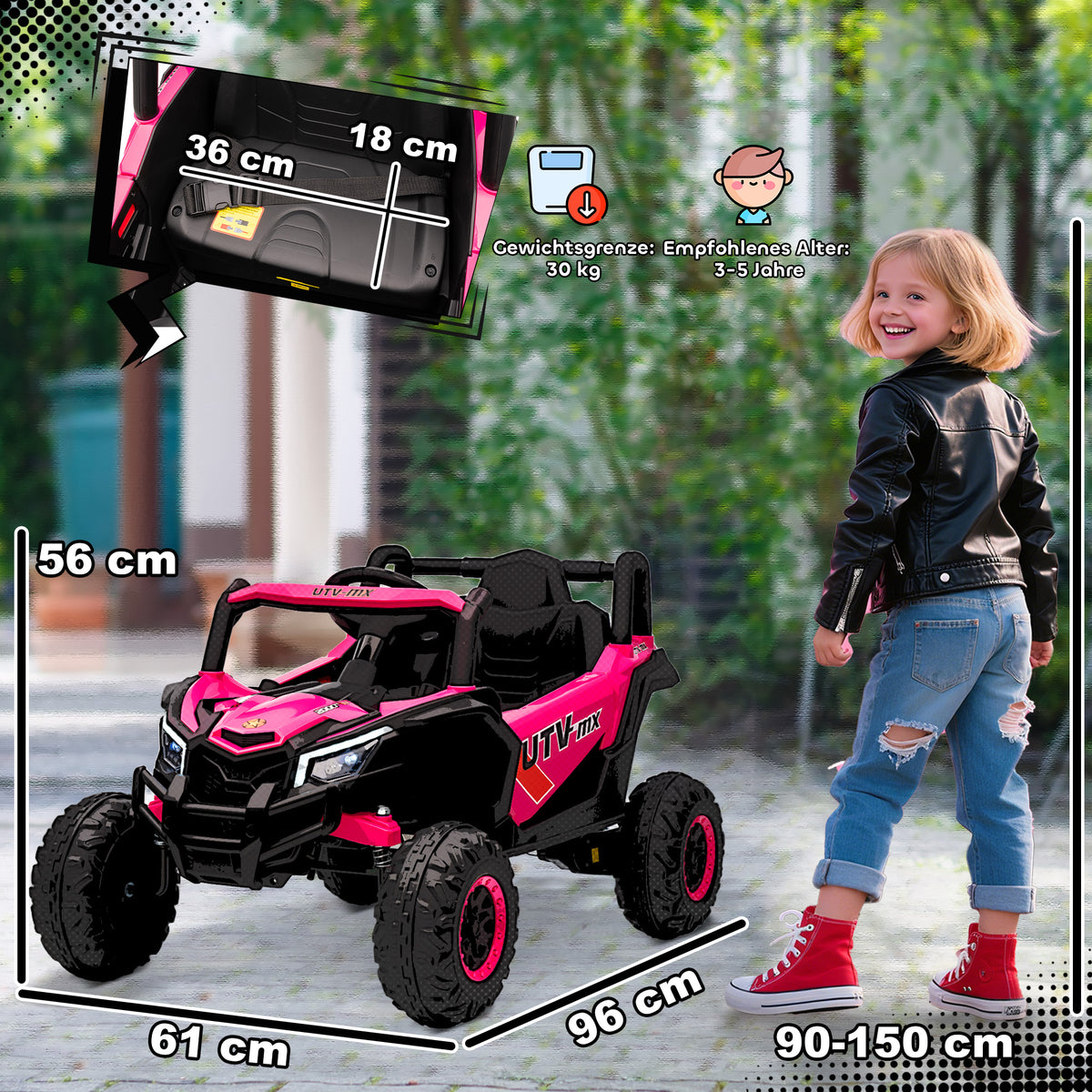 12V Elektroauto für Kinder, Fernbedienungsfunktion, Gurt, Hupe, LED-Lichter, USB-Port, für 3-5 Jahre, Rosa