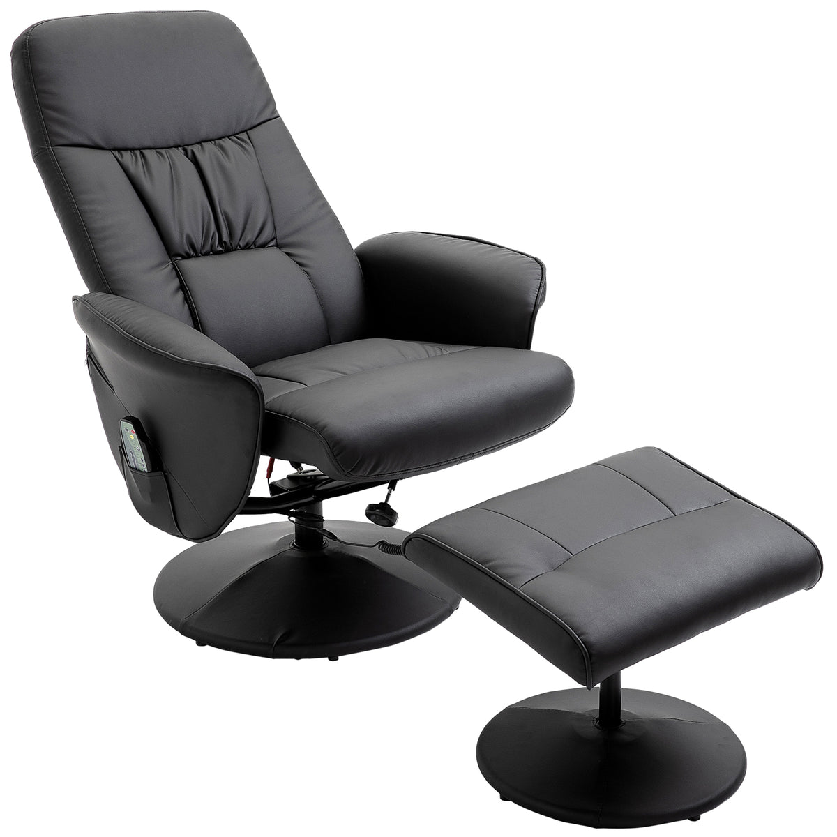 Relaxsessel mit Hocker, drehbarer Fernsehsessel mit 10 Massagepunkte, Liegefunktion, Massagesessel mit Fernbedienung, Seitentasche, TV-Sessel, Kunstleder, Schwarz