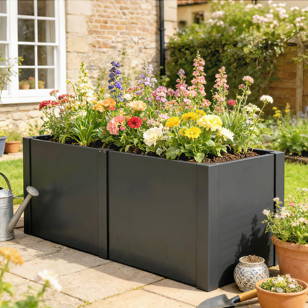 Hochbeet aus galvanisiertem Stahl, 150 x 53 x 55 cm, Outdoor-Pflanzkasten mit Trennwand, Schwarz