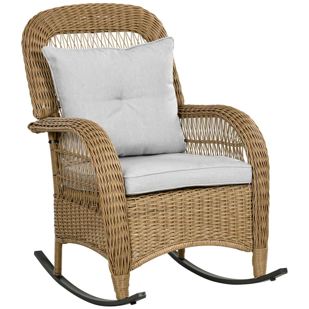 Schaukelstuhl im Boho-Stil, PE-Rattan, Rattan-Schaukelstuhl, waschbare Polsterbezüge, Natur + Hellgrau