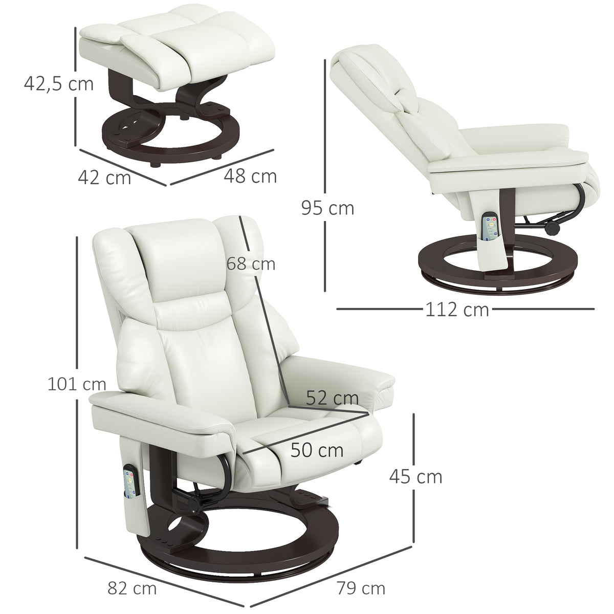 Relaxsessel mit Massagefunktion und Fu?hocker, Liegesessel, Kunstleder, 79 x 82 x 101 cm, Cremewei?