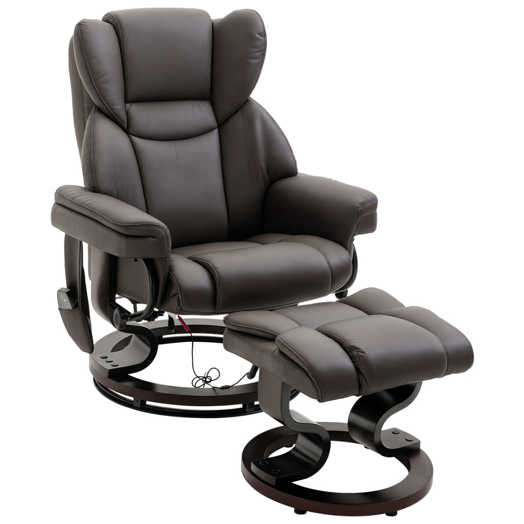 Relaxsessel mit Hocker, 360°drehbarer Fernsehsessel mit Massage, Liegefunktion, Massagesessel mit Seitentasche, Liegesessel, Kunstleder für Wohnzimmer Braun