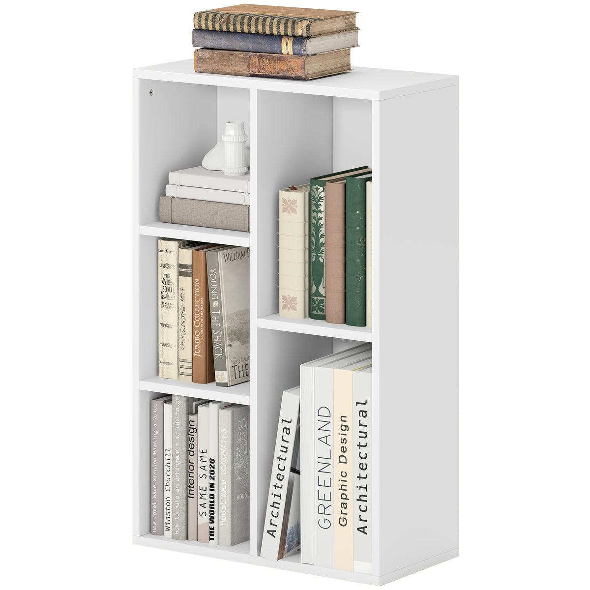 2-Ebenen-Bücherregal, 5 Fächer, Spanplatte, Aufbewahrungsregal, Weiß