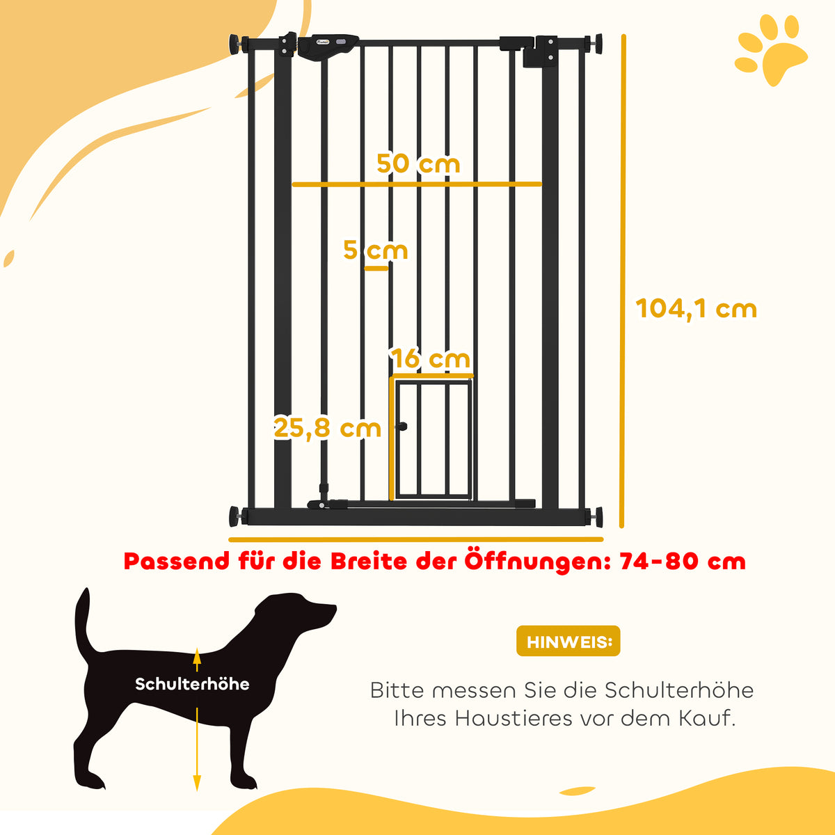 Extra Tall Pet Gate, Indoor Dog Safety Gate, with Cat Flap, Auto Close, 74-80cm Wide - Black