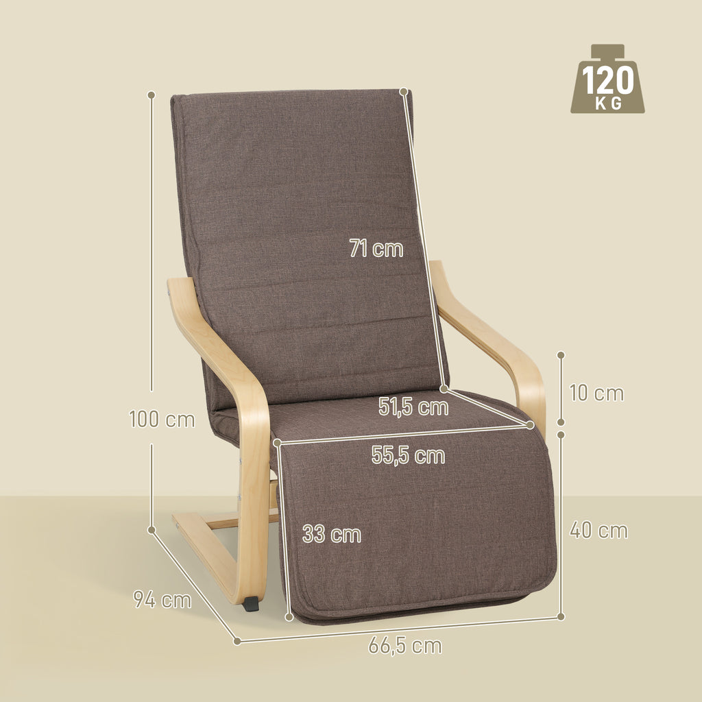 Akzentsessel, Relaxsessel mit verstellbarem Fußteil, Birkenholzrahmen, bis 120 kg, 66,5 x 94 x 100 cm, Braun