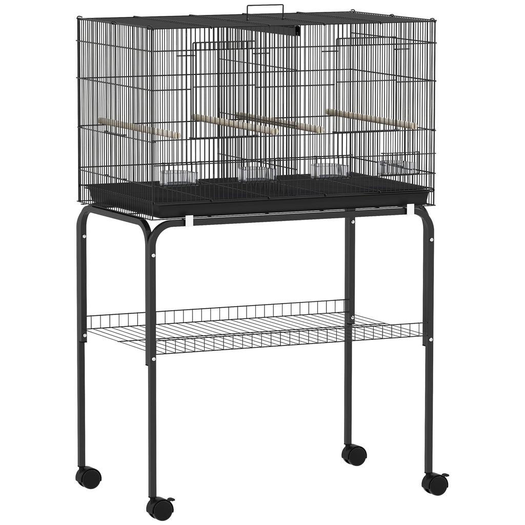 Bird Cage with Divider, 4 Wooden Perches, Slide Out Tray, 4 Feeders, for Budgie, Lovebird, Canary, 76 x 46 x 116cm Black