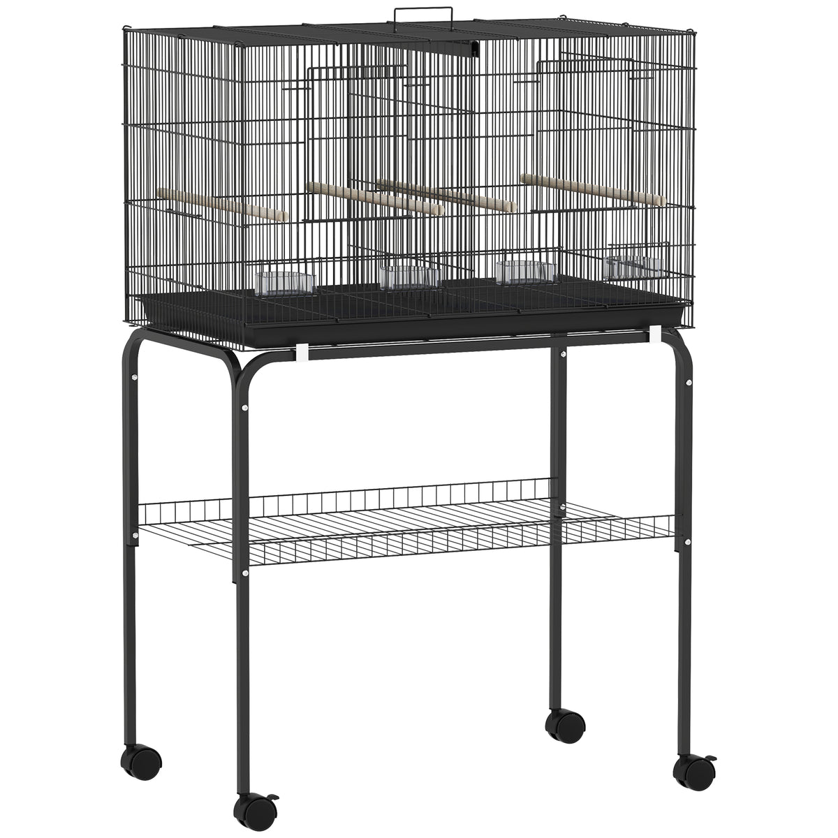 Bird Cage with Divider, 4 Wooden Perches, Slide Out Tray, 4 Feeders, for Budgie, Lovebird, Canary, 76 x 46 x 116cm Black