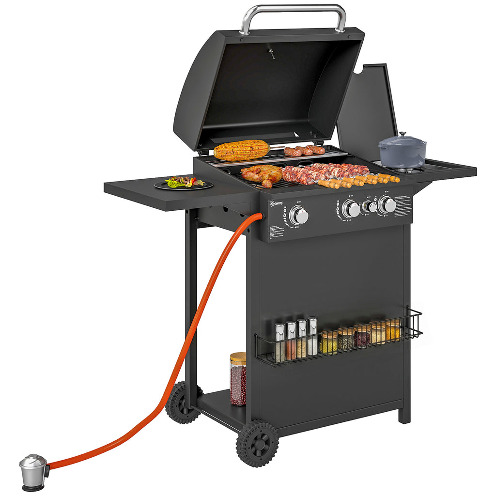 Gasgrill 9,5 KW Grillwagen inkl 4 Brenner Seitenkocher Rolle 123 x 57 x 98 cm Schwarz