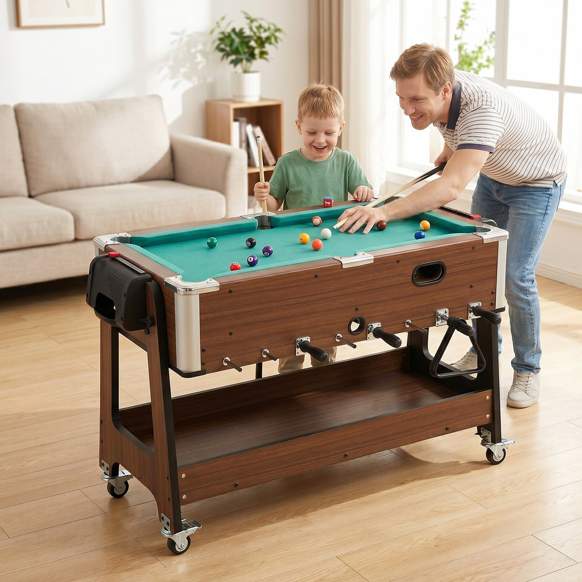 3-in-1 Multi Spieltisch drehbar Multifunktionstisch mit Billardtisch Tischfußball Airhockey Ablagefach