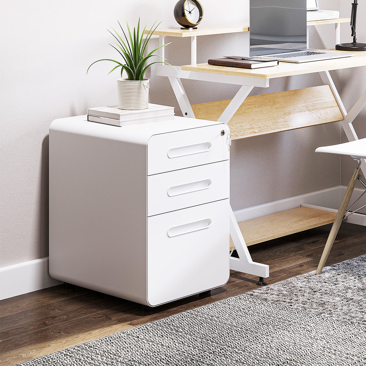 Lockable File Cabinet with 3 Drawers, Vertical Office Drawer for A4, Letter, Legal Size, Anti-tilt Design, Pre-Assembled Body, White