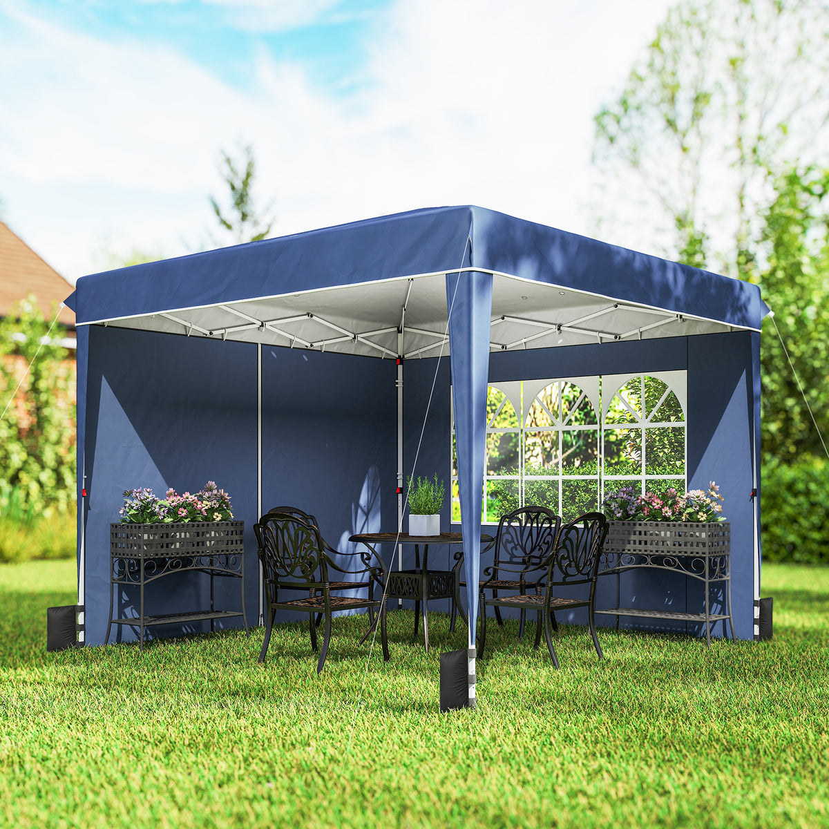 Pavillon 3 x3 m Wasserdicht höhenverstellbar Pop-up Faltpavillon mit 2 Seitenteilen, UV 50+ Faltbar Dunkelblau