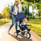Metal Frame 6 in 1 Baby Push Tricycle with Parent Handle for 1-5 Years Old, Dark Blue