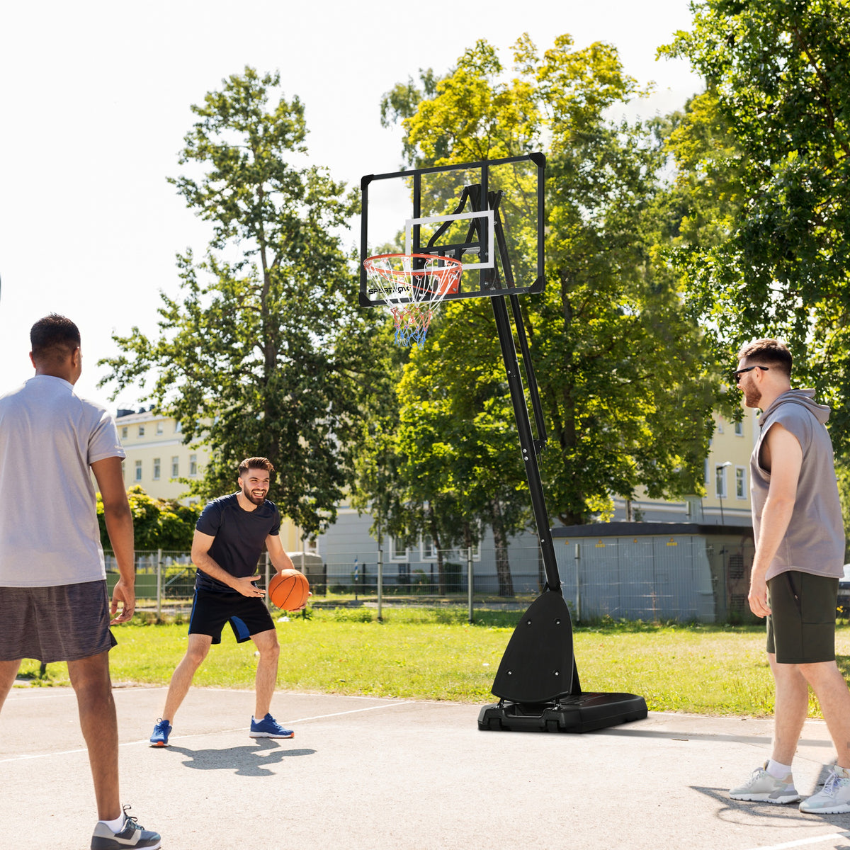Basketballständer, verstellbare Korbhöhe 2,3-2,9 m, untere Pralllatte, befüllbare Basis, rot+schwarz