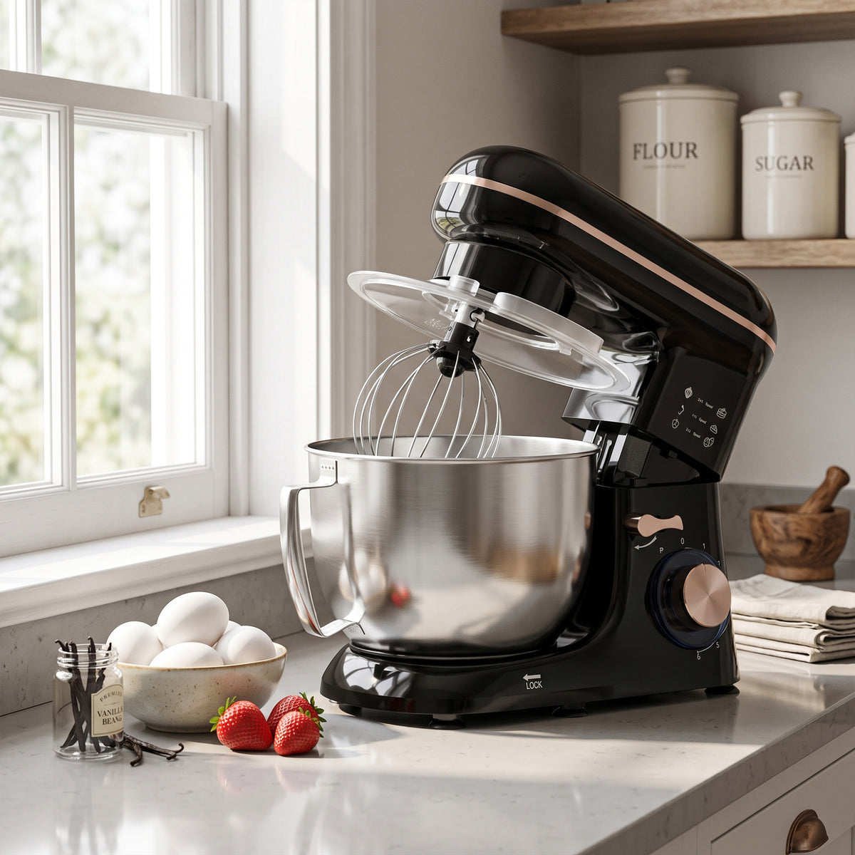 Küchenmaschine Knetmaschine mit 4,5L Edelstahlschüssel 1300W Teigmaschine mit 6+P Geschwindigkeit Beige