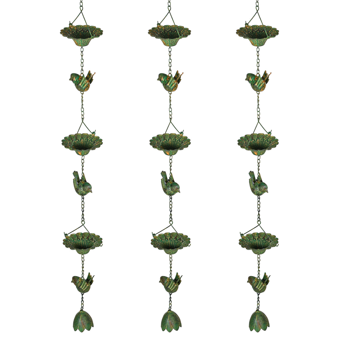 3er Set Regenkette 123cm Regenablaufkette aus Metall Ablaufkette mit befestigtem Aufh?nger V?geln Bell Gr¨¹n