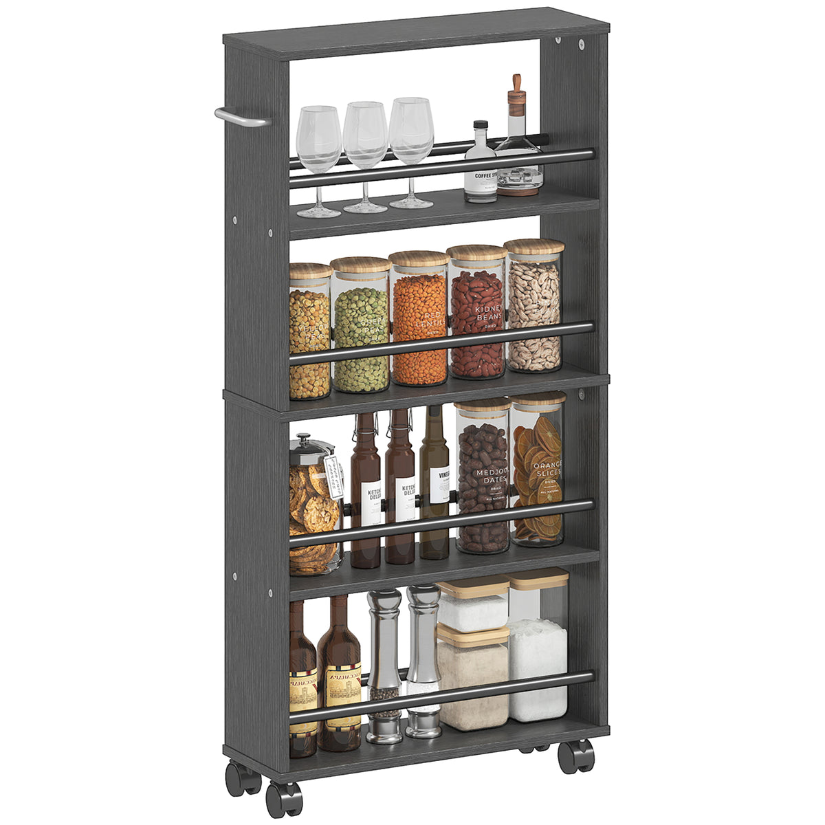 Multifunktionsregal mit Rollen, schmale Bauweise, 4 F?cher, 45x15x91 cm, Schwarz