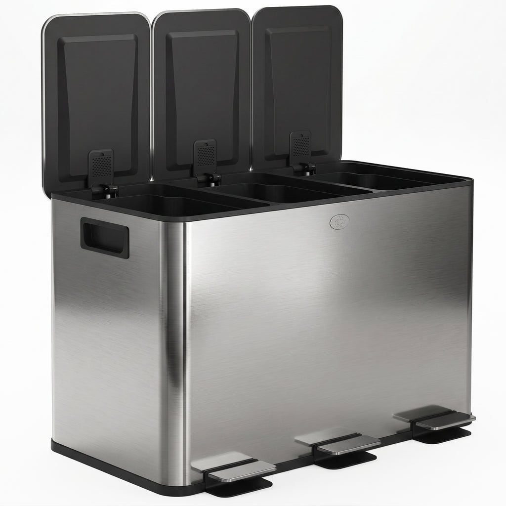 3 x 20L Pedal Bin, Steel Triple Kitchen Bin with Soft Close Lid, Removable Inner Buckets, Fingerprint-Proof, Silver Tone