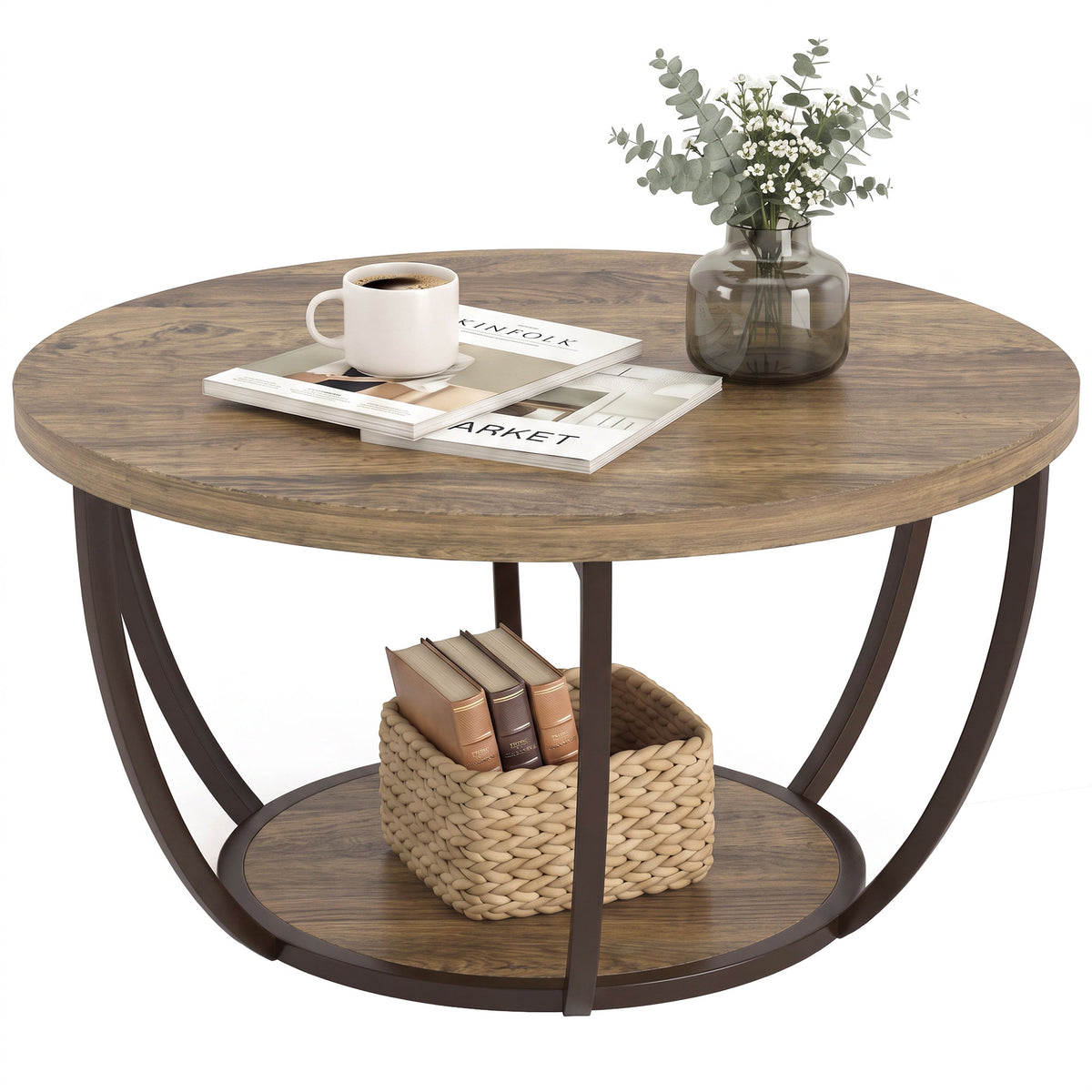Couchtisch mit 2 Ebenen, Wohnzimmertisch 80 x 80 x 43,8 cm, Braun/Schwarz